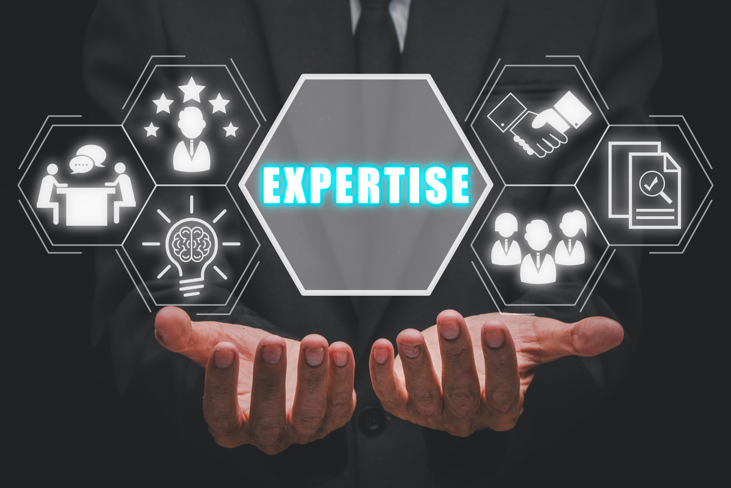 Expertise concept, Businessman hand holding expertise icon on vi